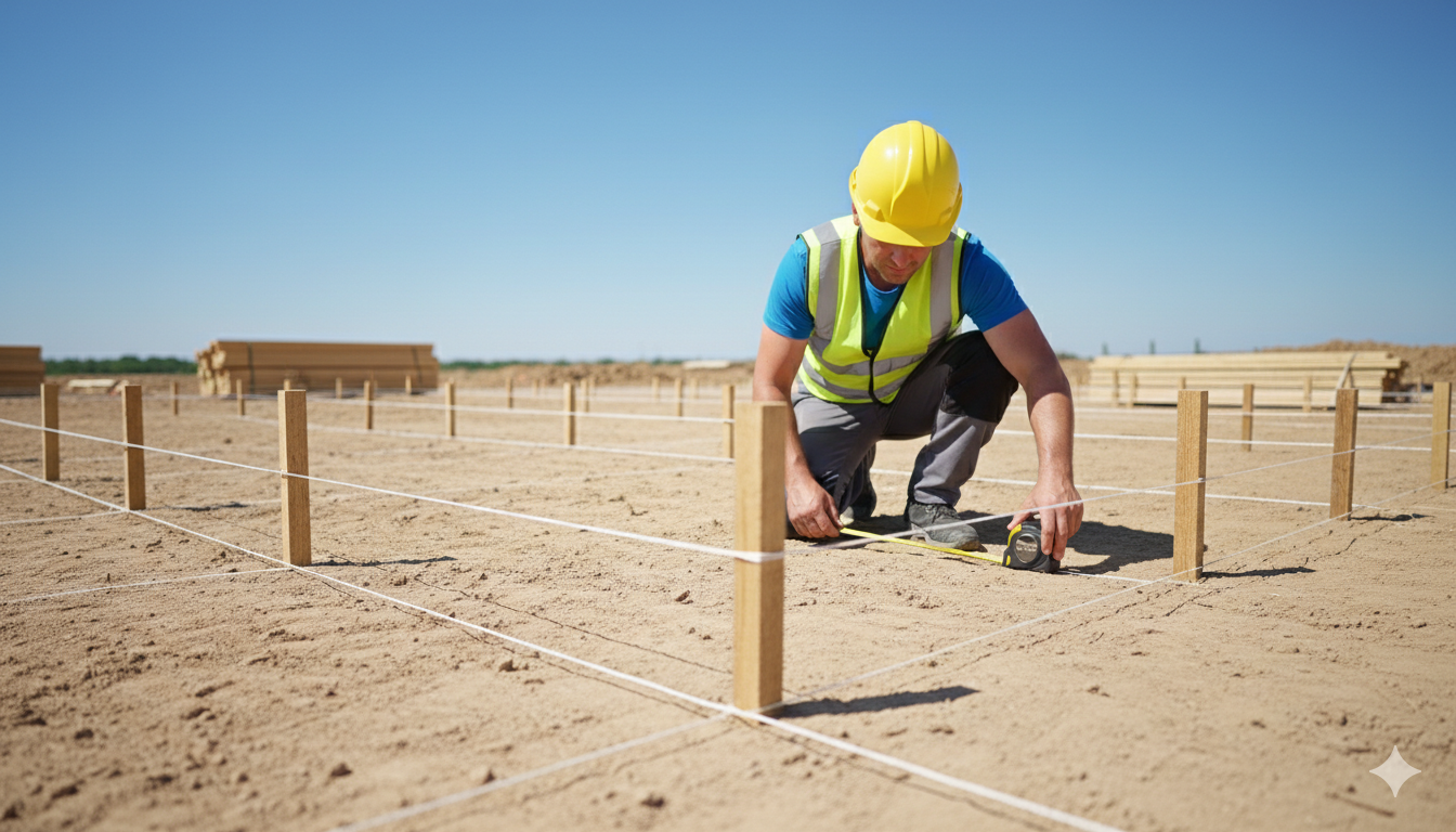 Разметка ленточного фундамента на строительной площадке